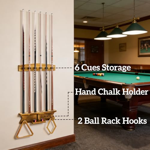 Pumtus Wall Mount Pool Stick Holder, Wood Billiard Cue Rack for 6 Cues Storage & 2 Ball Racks, Sturdy Hanging Pool Cue Rack, Pool Table Accessories Equipment Organizer for Game Room, Bar