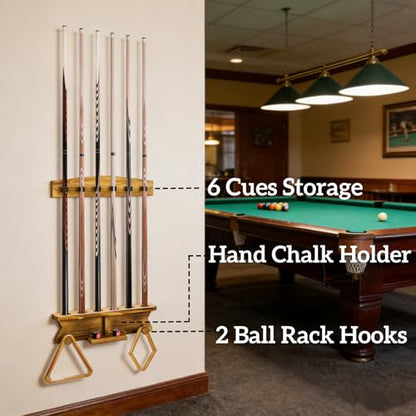 Pumtus Wall Mount Pool Stick Holder, Wood Billiard Cue Rack for 6 Cues Storage & 2 Ball Racks, Sturdy Hanging Pool Cue Rack, Pool Table Accessories Equipment Organizer for Game Room, Bar