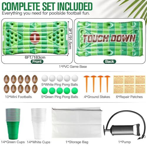 Football Pool Float & Inflatable Beer Pong Table - 6ft Heavy Duty Reversible Pool Floats for Adults, Complete Game Set for Party, Lake & Tailgate, Includes Balls, Cups, Pump, Stakes & Bag - color: Football