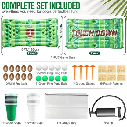 Football Pool Float & Inflatable Beer Pong Table - 6ft Heavy Duty Reversible Pool Floats for Adults, Complete Game Set for Party, Lake & Tailgate, Includes Balls, Cups, Pump, Stakes & Bag - color: Football