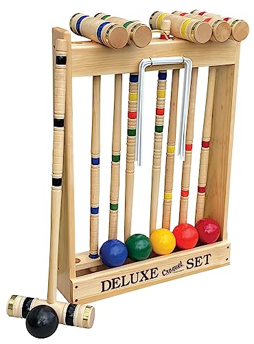 6 Player Croquet Set Amish-Made in Wood Rack with 28" Handles - size: 28" Handles.