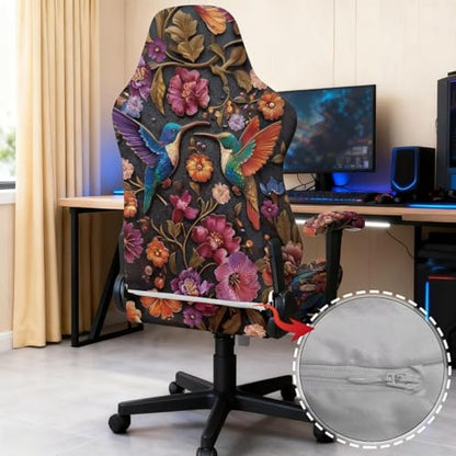Hummingbird Print Gaming Chair Covers with Armrest Covers Retro Flower Print Computer & Gaming Chair Slipcover Universal Fit Office Desk & Racing Computer Gamer Chairs - color: Brown and Multi - Hummingbird Retro Flower