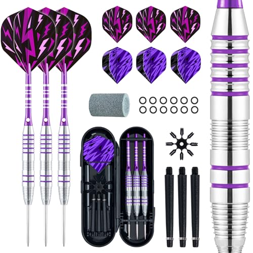 XAWU 3 Pack Steel Tip Darts Set Professional Darts 22g, 24g with 9 Dart Flights 3 Aluminum Shafts 3 Spare Shafts 1 Dart Sharpener 12 Rubber O-Rings Flight Protector and Darts Case - color: 24g Moonlight Purple