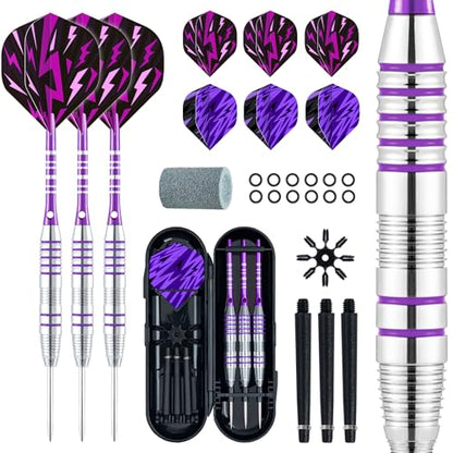 XAWU 3 Pack Steel Tip Darts Set Professional Darts 22g, 24g with 9 Dart Flights 3 Aluminum Shafts 3 Spare Shafts 1 Dart Sharpener 12 Rubber O-Rings Flight Protector and Darts Case - color: 24g Moonlight Purple