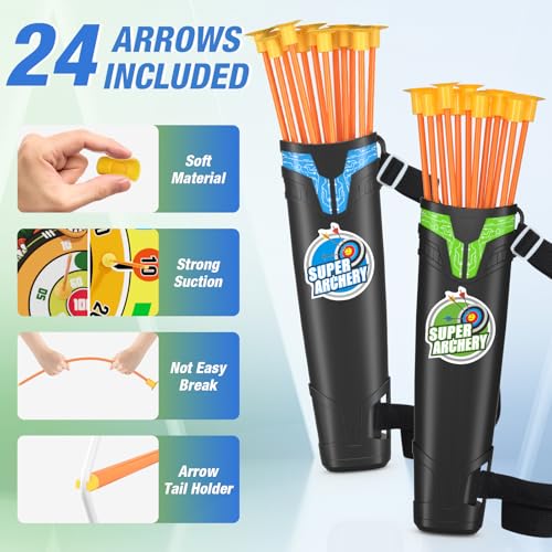 HYES 2 Pack Kids Bow and Arrow with 29" Large Dart Board, LED Light Up Archery Set with 24 Suction Cup Arrows, Indoor Outdoor Sport Toys Gifts for 3 4 5 6 7 8 9 10 11 12 Year Old Boys Girls - size: 2 pack-dartboard target