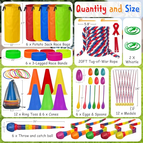 LINAYE Field Day Games for Kids Adults, Outdoor Activities Carnival Lawn Yard Family Reunion Survivor Games Tug of War Rope, Potato Sack Race Bags, Ring Toss, Throw and Catch Ball for Birthday Party