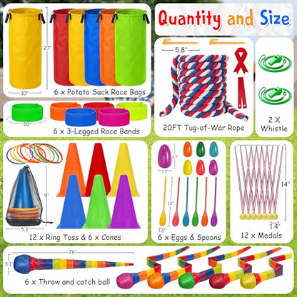 LINAYE Field Day Games for Kids Adults, Outdoor Activities Carnival Lawn Yard Family Reunion Survivor Games Tug of War Rope, Potato Sack Race Bags, Ring Toss, Throw and Catch Ball for Birthday Party