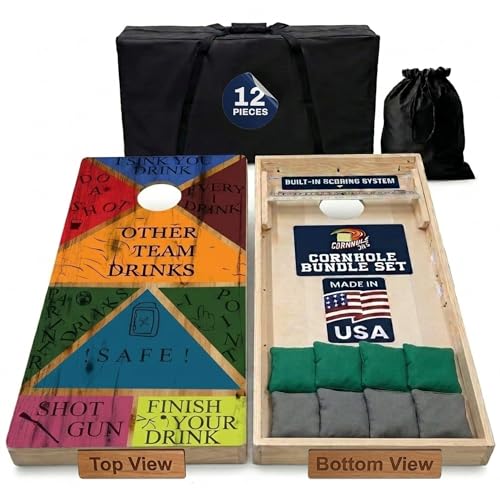 Cornhole365 Complete Cornhole Board Set - Includes Solid Wood Cornhole Board, 8 All-Weather Cornhole Bags, Portable Carrying Case & String Tote Bag Outdoor Game Bundle - color: Party Time