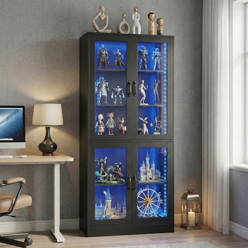 holzart Modern Black 5-Tier Display Cabinet with Glass Doors and LED Lights, 65" Tall Storage Bookshelf, 4-Door Freestanding Curio Cabinet for Living Room, Home Office - color: Black