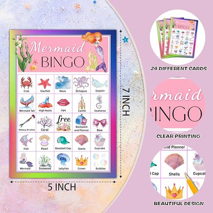 Mermaid Bingo Cards, Mermaid Bingo Games for 24 Players, Under The Sea Party Games for Family Friends Large Group Activities, Birthday Party Favors Supplies Decorations(27) - style: Purple Mermaid