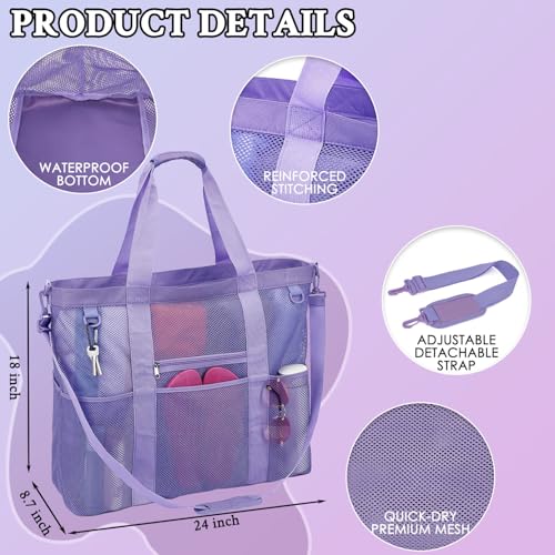 GYEUKHAM Mesh Beach Bag for Women, Sand-Resistant Pool Tote, 9 Pockets (1 Inner Zip), Foldable Family Travel Essentials - color: Extra Large - Purple