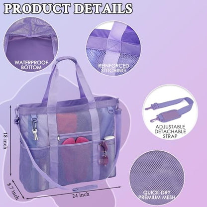 GYEUKHAM Mesh Beach Bag for Women, Sand-Resistant Pool Tote, 9 Pockets (1 Inner Zip), Foldable Family Travel Essentials - color: Extra Large - Purple