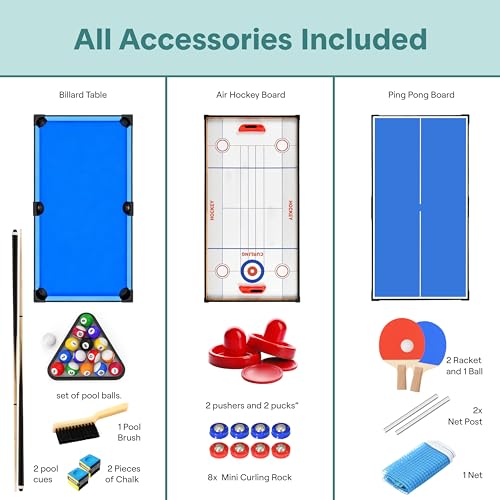SereneLife 4 in 1 Multi Game Table, 4’x2’ Folding Portable Sports Arcade Games with Accessories, Ping Pong, Air Hockey, Pool Billiards, and Shuffleboard, for Indoor, Outdoor, All Ages
