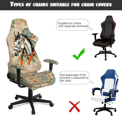 Horse Print Gaming Chair Covers Boho Mandala Flower Print Gamer Chair Cover Set with 2 Armrest Covers for Swivel Rotating Chairs, Machine Washable - color: Brown - Horse Boho Mandala Flower