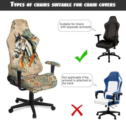 Horse Print Gaming Chair Covers Boho Mandala Flower Print Gamer Chair Cover Set with 2 Armrest Covers for Swivel Rotating Chairs, Machine Washable - color: Brown - Horse Boho Mandala Flower