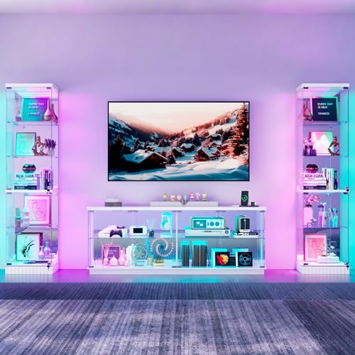 Lvifur 3-Piece Glass Display Cabinet Set - 2 Tall 67''H Corner Curio Cabinets + 1 Large 59''W TV Stand Display Case with Locks, RGB Motion Sensor Light, Charging Hub, Living Room, White - color: White-3 Piece