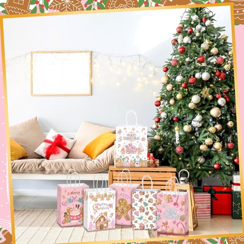 Kolldenn 48 Pcs Pink Christmas Gingerbread Party Favors Bags Christmas Goodie Gift Paper Bags with Handles Xmas Tree Gingerbread Coffee Candy Treat Bag for Xmas Party Decorations Holiday Supplies - style: Gingerbread