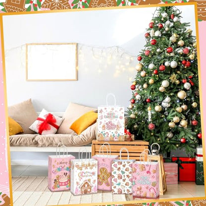 Kolldenn 48 Pcs Pink Christmas Gingerbread Party Favors Bags Christmas Goodie Gift Paper Bags with Handles Xmas Tree Gingerbread Coffee Candy Treat Bag for Xmas Party Decorations Holiday Supplies - style: Gingerbread