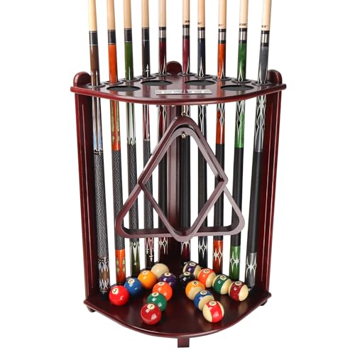 GSE Games & Sports Expert Corner-Style Floor Stand Billiard Pool Cue Racks with Score Counters, Holds Pool Cue Sticks, Balls Set, Ball Racks - color: Mahogany, style: 10 Cue, Corner Rack
