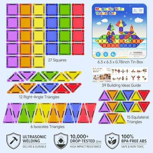 WMXDU 60 PCS Magnetic Tiles Travel Set for Kids, Portable Magnetic Building Blocks with Tin Box, Car Rides Airplane Road Trip Activities, Birthday Gift for Boys - style: 60pcs-Blue