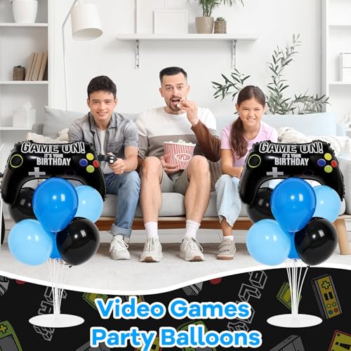 Video Game Birthday Party Balloons Stand Kit 2 Sets with 2 Game Handle Foil Balloons Black Blue Balloon Centerpiece for Tables for Boy Girl Gamer Gaming Night Birthday Baby Shower Party Decoration - style: Video Game