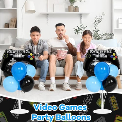Video Game Birthday Party Balloons Stand Kit 2 Sets with 2 Game Handle Foil Balloons Black Blue Balloon Centerpiece for Tables for Boy Girl Gamer Gaming Night Birthday Baby Shower Party Decoration - style: Video Game