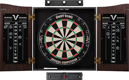 Viper Vault Cabinet & Shot King Sisal/Bristle Dartboard Ready-to-Play Bundle with Two Sets of Steel-Tip Darts, Throw Line, and Dry Erase Scoreboards, Walnut Finish - style: Elite Set