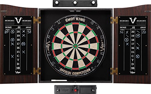 Viper Vault Cabinet & Shot King Sisal/Bristle Dartboard Ready-to-Play Bundle with Two Sets of Steel-Tip Darts, Throw Line, and Dry Erase Scoreboards, Walnut Finish - style: Elite Set