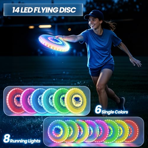 Wee Wonders 2 Pack Light Up Flying Discs for Kids Adults, 10" Rechargeable Disc with 45 LEDs, 14 Lighting Modes & 7.8" Built-in Battery Disc, Glow in The Dark Flying Ring for Beach Camping Sport Game - size: 2PCS: 10in + 7.8"