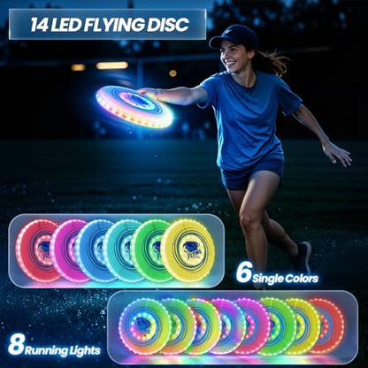 Wee Wonders 2 Pack Light Up Flying Discs for Kids Adults, 10" Rechargeable Disc with 45 LEDs, 14 Lighting Modes & 7.8" Built-in Battery Disc, Glow in The Dark Flying Ring for Beach Camping Sport Game - size: 2PCS: 10in + 7.8"