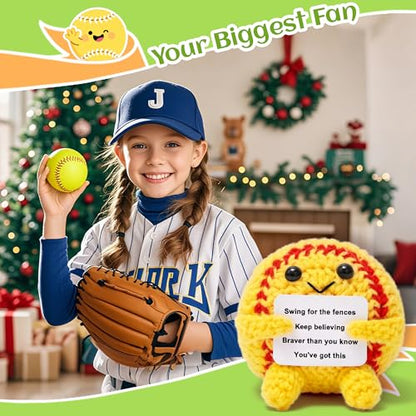 OkiyiD Mini Positive Yellow Softball Crochet Ornament – Knitted Wool Ball with Inspirational Card, Emotional Support Desk Decor for Women College Students, Stress Relief Gift for Graduation Birthday - style: yellow softball