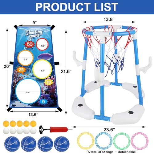 yofit 3-in-1 Pool Basketball Hoop Set, Floating Pool Toys with 14 Balls 12 Rings Toss Games Pump, Outdoor Summer Basketball Game at Swimming Poolside for Kids Ages 4-12 Adults Family Fun - color: Blue