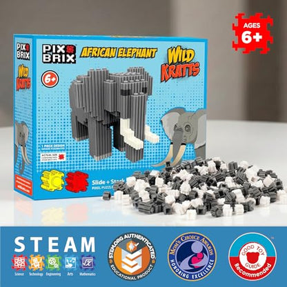 Pix Brix - Toy Pixel Art Kit - African Elephant, 906 Pieces - Patented Slide + Stack Pixel Puzzle Building Bricks, Build & Collect Animals - Stem Toys, Ages 6 Plus - style: African Elephant
