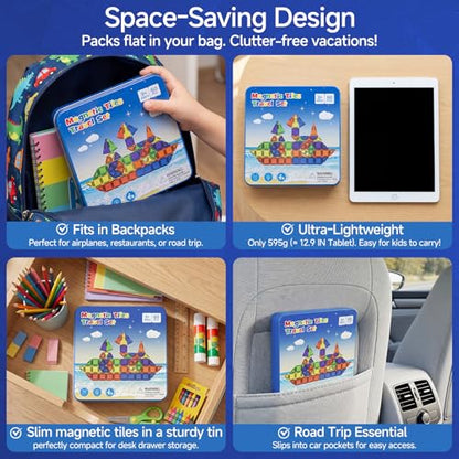 WMXDU 60 PCS Magnetic Tiles Travel Set for Kids, Portable Magnetic Building Blocks with Tin Box, Car Rides Airplane Road Trip Activities, Birthday Gift for Boys - style: 60pcs-Blue