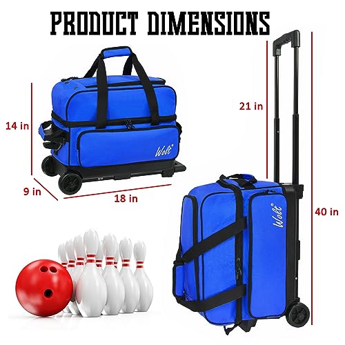 WOLT Double Roller 2 Ball Bowling Bag with Separate Shoe Compartment, Large Capacity Bowling Ball Bag with Accessory Pocket, Retractable Handle Extends to 40" - color: Blue