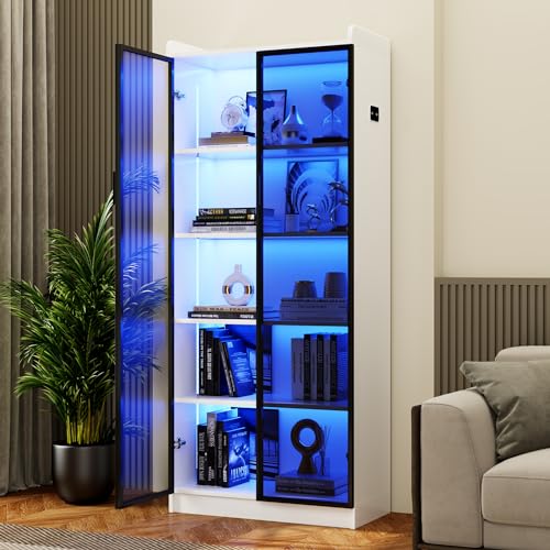 Dystler Display Cabinet with Doors and Adjustable Shelves, 65" Tall Bookcase with LED Lights/Human Sensor, 5 Tier Display Case for Collectibles Bedroom Living Room Office, White - color: White