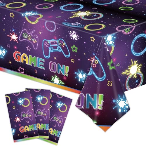 3 Pack Gaming Party Tablecloths – Video Game Birthday Supplies, Kids Gamer Party, Console & Controller Decorations, Neon Gaming Tablecloths Disposable Table Covers (Game) - color: Game Tablecovers