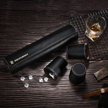 Leather Dice Cup Set, 5 Black Dice Cups + 25 Dices + Exclusive Storage and Transport Case Made of Faux Leather (Black x2) - color: 2 Pack Black