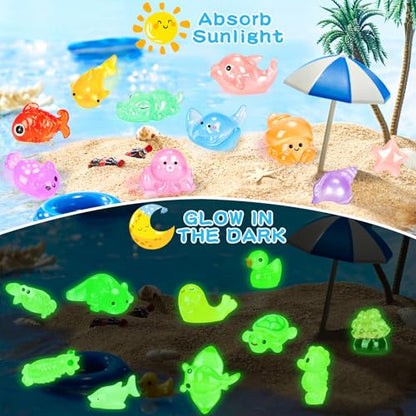 120PCS Luminous Mini Ocean Resin Animals 20 Style Glow in The Dark Tiny Sea Animal Figurines Miniature Plastic Animals Aquarium Decoration for DIY Crafts Fish Tank Potted Fairy Garden Dollhouse - style: 120Pcs-Ocean