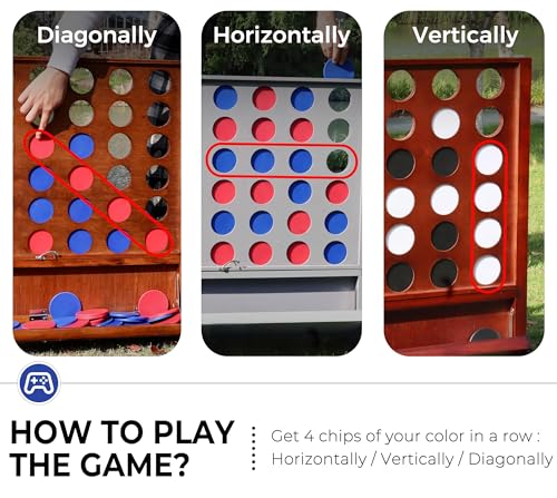 Giant Wooden 4 in A Row Game for Indoor or Outdoor Games | Foldable Tray, 2 Styles of Play: Wall Mounted or Set-up on Ground, Carrying Case, Detachable Legs, Premium Varnished Pine - style: Classic