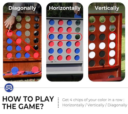 Giant Wooden 4 in A Row Game for Indoor or Outdoor Games | Foldable Tray, 2 Styles of Play: Wall Mounted or Set-up on Ground, Carrying Case, Detachable Legs, Premium Varnished Pine - style: Classic