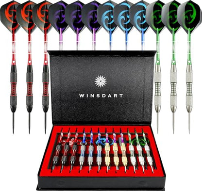 WINSDART Steel Tip Darts 12 Pack Set with Nonslip Iron Barrel Aluminum Dart Shafts and Flights Darts Sharpener an Gift Box - color: Multicolor 1-Darts-F