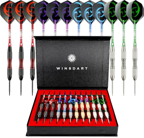 WINSDART Steel Tip Darts 12 Pack Set with Nonslip Iron Barrel Aluminum Dart Shafts and Flights Darts Sharpener an Gift Box - color: Multicolor 1-Darts-F