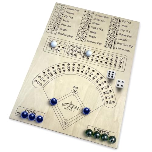 Classic Baseball Board Activity, Two Player Tabletop Dice Play Set with Wooden Surface Plus Marble Scoring, Indoor Family Gathering Entertainment for Children Ages 8-12, Teens, Adults