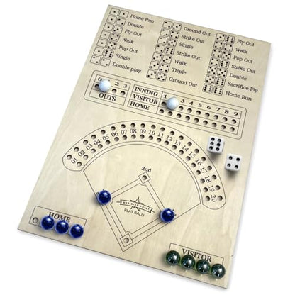 Classic Baseball Board Activity, Two Player Tabletop Dice Play Set with Wooden Surface Plus Marble Scoring, Indoor Family Gathering Entertainment for Children Ages 8-12, Teens, Adults