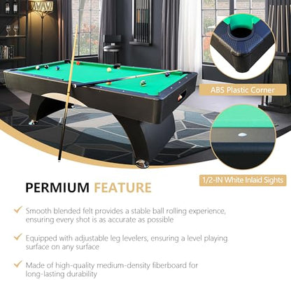 Billiard Table, 7 FT Pool Table with with Balls, Cues, Chalk, Brush and Triangle, Pool Table Set for Family Game Room, Adult Rrec Room, Basements, Man cave or Garage
