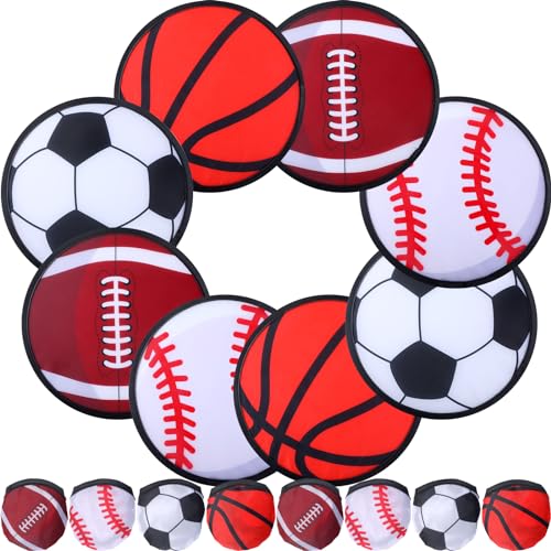 Arrowbash 24 Pcs Foldable Flying Disc Fans 9.84'' Handheld Folding Fan Bulk with Bag Folding Pocket Toy with Football Basketball Baseball and Rugby Design for Sports Party Supplies Outdoor Activity