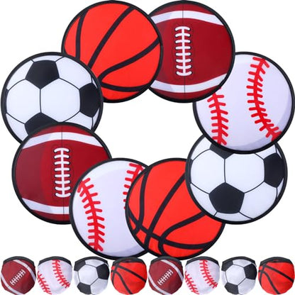 Arrowbash 24 Pcs Foldable Flying Disc Fans 9.84'' Handheld Folding Fan Bulk with Bag Folding Pocket Toy with Football Basketball Baseball and Rugby Design for Sports Party Supplies Outdoor Activity