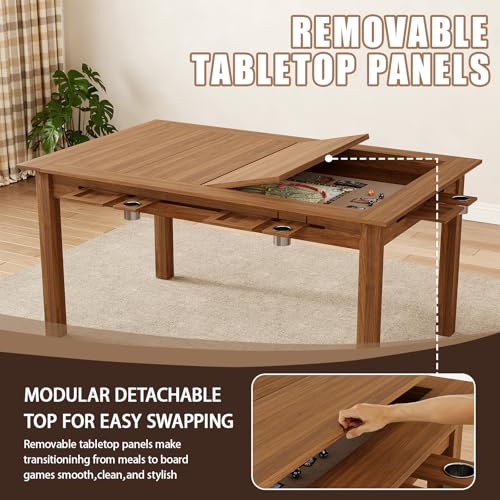 Board Game Table with Removable Top, 63" Dining/Gaming Table for 4-6 Players with 53in x 31.5in Play Area, Includes 6 Cup Holders & Trays, Rustic Brown (Game Mat Not Included) - color: Rustic Brown