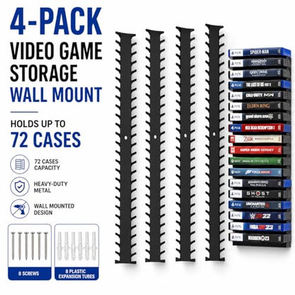 4-Pack Video Game Storage Wall Mount, Black Metal Shelves with 8 Screws & 8 Plastic Expansion Tubes, Media Storage Holds 72 Discs Fit for PS, Xbox, Switch